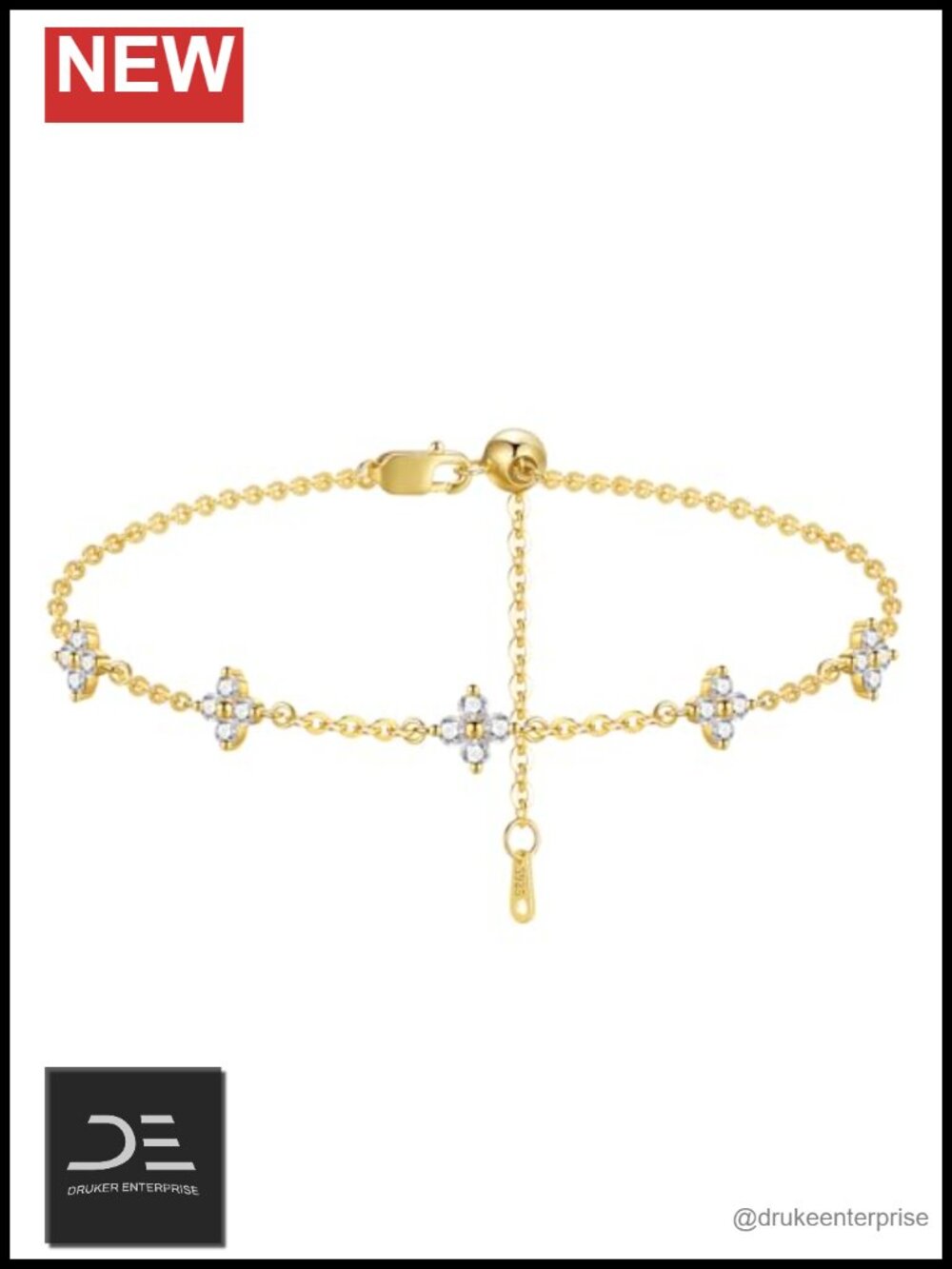 Moissanite Link Bracelet 925 Sterling Silver Four Leaf Clover Dainty Adjustable